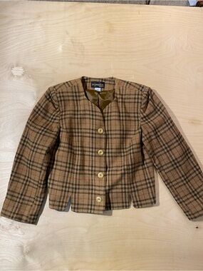 Requirements Tan and Brown Plaid Collarless Wool Jacket 10 (RV)